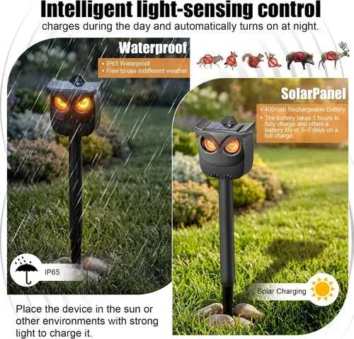 Miniatura 6 de Paquete de 2 repelentes solares de animales de búho al aire libre para mapache, ciervo y gato ardilla, modo de respiración solo nocturna, disuasorio
