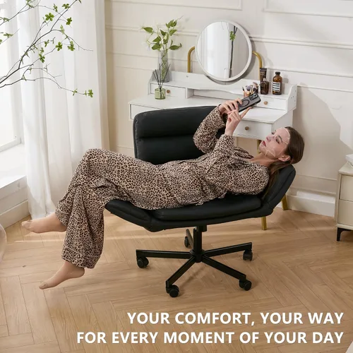 Miniatura 4 de Silla cruzada con brazos abatibles y ruedas giratorias, silla de tocador con altura ajustable y bolsillos laterales, cómodo asiento ancho Negro