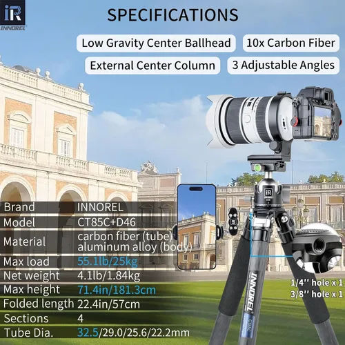 Miniatura 2 de Trípode INNOREL CT85C de fibra de carbono profesional compacto trípode resistente soporte para cámara de video DSLR con cabezal esférico de baja