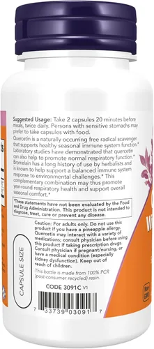 Miniatura 3 de Suplementos NOW, quercetina con bromelina, sistema inmunológico equilibrado*, 60 cápsulas vegetales
