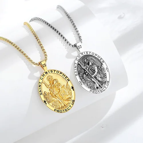 Miniatura 12 de EUDORA Collar de plata de ley 925, San Cristóbal y San Benito, San Miguel, Virgen María, San Judas Tadeo, Cruz de Buen Pastor y Arcángel, Medalla