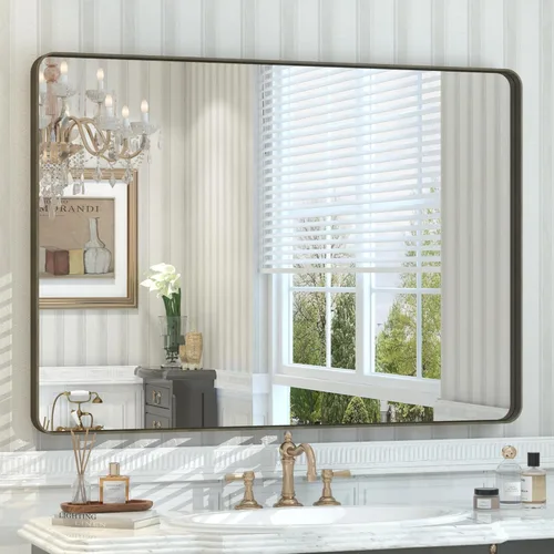 Miniatura 46 de Paquete de 2 espejos de baño con marco de metal negro de 22 x 30 pulgadas, espejo rectangular redondeado negro mate, antioxidante, se cuelga