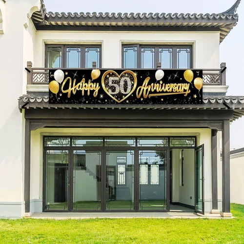 Miniatura 4 de Cartel de feliz 50 aniversario de boda, decoración de cartel de 50 aniversario de oro negro, suministros de fiesta, cabina de fotos para interiores