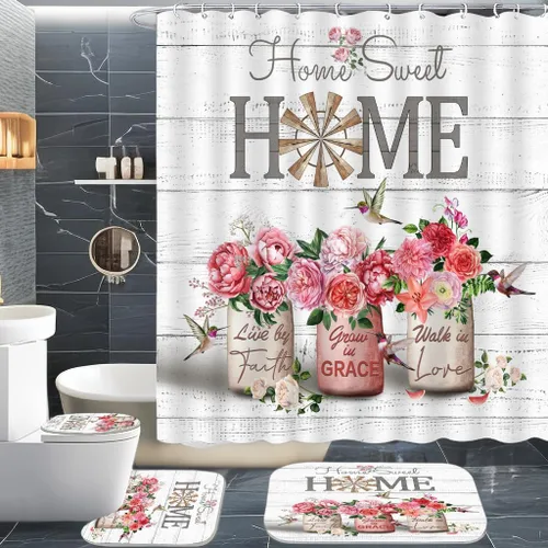 Miniatura 11 de ALEXEX Juego de 4 cortinas de ducha de hortensias azules, juego de baño Home Sweet con cortina de ducha y alfombras y accesorios, cortina de ducha