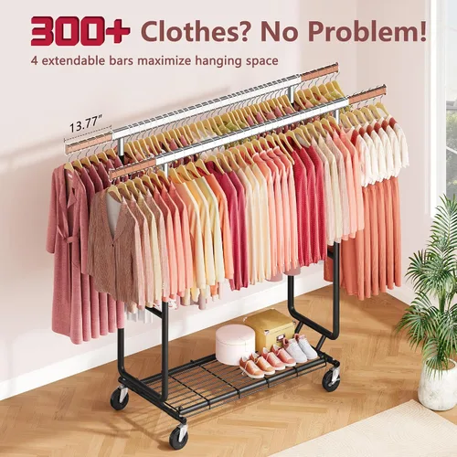 Miniatura 3 de Hoctieon Perchero de doble varilla de montaje en 2 minutos, estante resistente para ropa con ruedas, plegable para uso comercial, barra extensible
