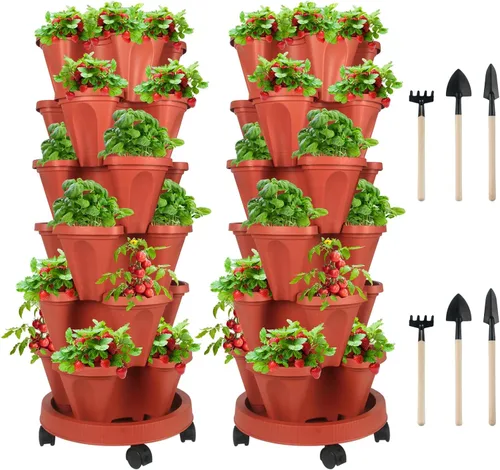 Miniatura 17 de Macetas apilables de polipropileno DUNCHATY, de 5 niveles, verde pino, para interior/exterior, 29" de altura x 13.6" de diámetro 2-1 Paquete