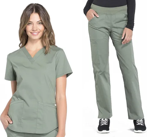 Conjunto de ropa quirúrgica para mujer, WW665, camiseta con cuello en V y pantalón cargo recto WW170, tiro medio, pierna recta, color oliva, talla