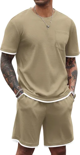 Miniatura 64 de COOFANDY Conjunto de camisa y pantalones cortos de gofre para hombre, conjunto de 2 piezas, conjunto casual de verano con bolsillos
