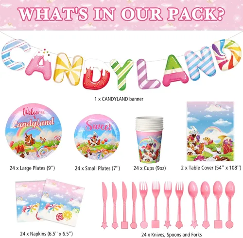 Miniatura 2 de Tiamon 171 piezas de decoraciones de fiesta de donas de Candyland para 24 invitados, decoraciones de fiesta temática de caramelos, incluye platos