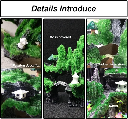 Miniatura 5 de Tfwadmx Decoración de pecera con vista de montaña, puente de piedra de acuario con musgo, cueva de casa de árbol para pequeña piel de camarón Betta