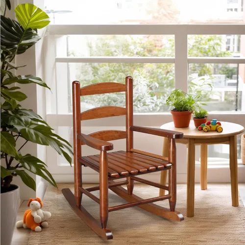 Miniatura 7 de JOYMOR Silla mecedora de madera para exteriores para niños con respaldo alto, balancín para niños resistente al clima, silla mecedora de patio