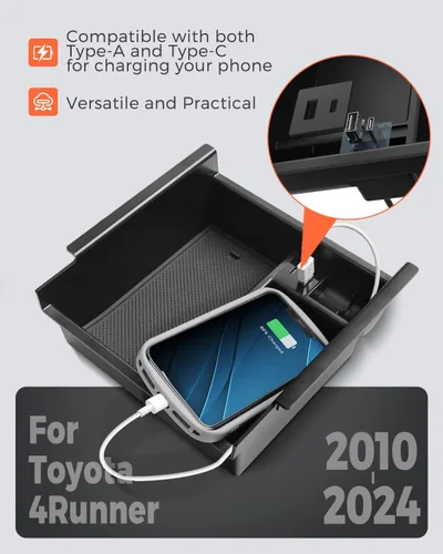 Miniatura 5 de Bandeja organizadora de consola central Toyota 4Runner con puerto USB 2010-2023 2024, caja de reposabrazos de almacenamiento de inserción