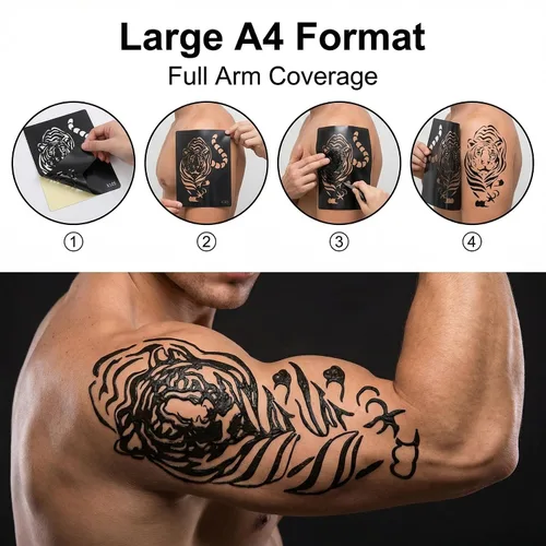 Miniatura 3 de 10 plantillas de tatuaje temporales de patrones grandes, 5 hojas tamaño A4, kit de plantillas de tatuaje tribal, plantillas profesionales de 3 capas