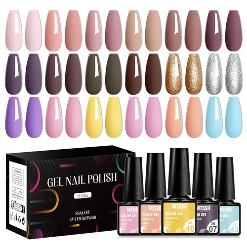 MTSSII Juego de 18 esmaltes de uñas de gel, color nude, rosa, azul, amarillo, kit de esmalte de uñas de gel, compatible con lámpara UV/LED, remojar,