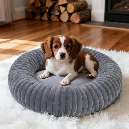 Miniatura 12 de Camas calmantes para perros grandes, cama para perros acolchonada de dona de piel sintética, almohada redonda y esponjosa, cama lavable para Marrón