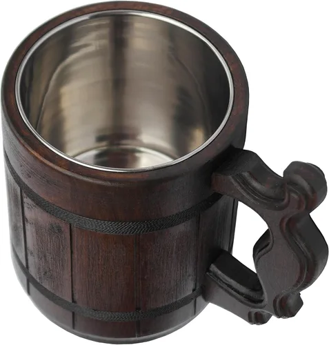 Miniatura 4 de Taza de madera hecha a mano de 20 onzas, taza de acero inoxidable tallada de cerveza natural, color marrón antiguo, taza de cerveza tallada