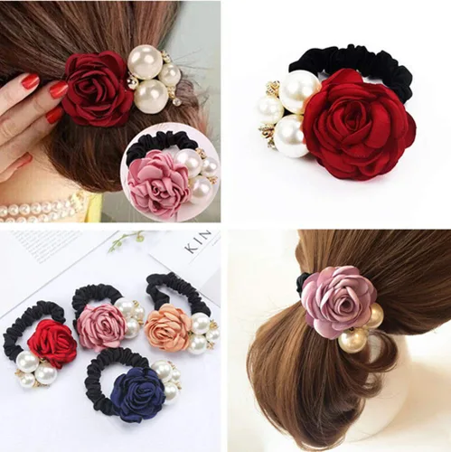 Miniatura 5 de LOVEF 4pcs Coreano Moda Perla Cuerda De Pelo Rosa Flor Rhinestone Lazos/Joyería Banda De Caucho