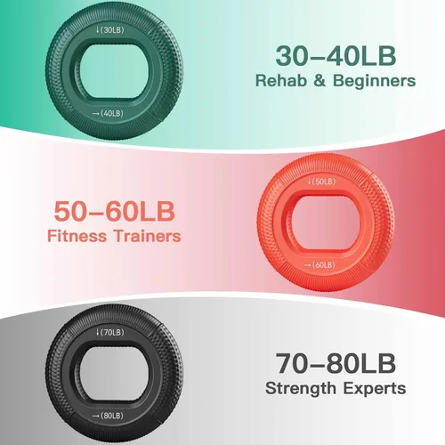 Miniatura 3 de Entrenador de fuerza de agarre (30-80 libras) – 6 niveles de resistencia, 3 anillos fortalecedores de silicona para escalada en roca, atletas