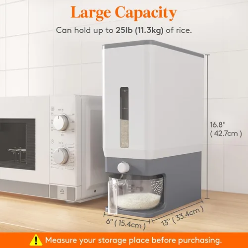 Miniatura 3 de Lifewit Paquete de 2 dispensadores de arroz de 25 libras (24.9 lbs), contenedor de almacenamiento de arroz sellado a prueba de humedad con taza Gris