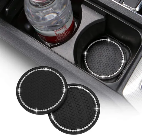Juego de 2 posavasos de cristal brillante de 2.75 pulgadas para automóvil, diseño redondo de goma con brillantes de cristal de imitación para Negro