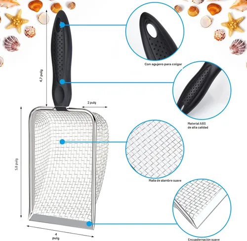 Miniatura 5 de Vodolo 2 PCS Palas de Malla de Playa con 2 PCS Bolsas de Playa de Malla para Filtrar Arena, Recogedor de Conchas para Niños para Recoger Conchas