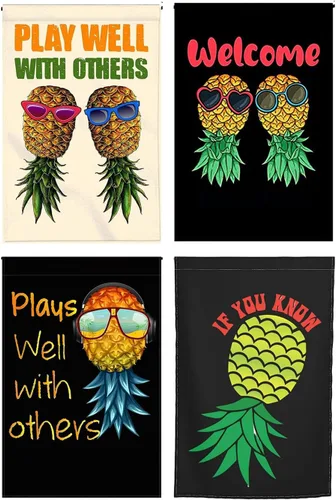 Paquete de 4 banderas de piña al revés – Pancartas de lino de doble cara de 12 x 18 pulgadas con texto en inglés "IF YOU KNOW & PLAY WELL WITH