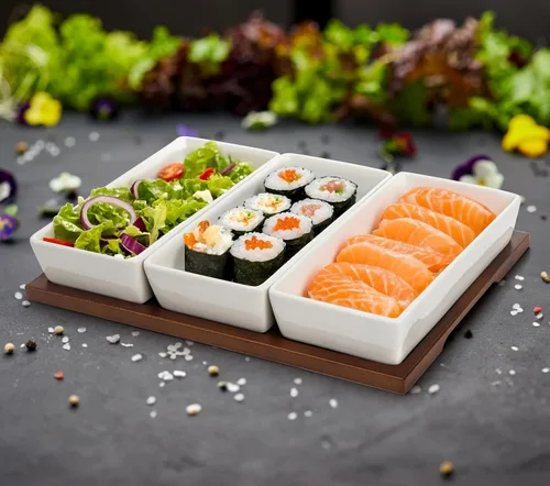 Miniatura 8 de Elsjoy Bandeja de servir de 3 secciones, plato de madera dividido con cuencos de cerámica, bandeja de inmersión de 3 compartimentos para aperitivos