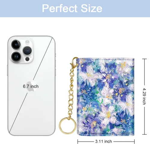 Miniatura 3 de Billetera triple para mujer, pequeña, delgada, con bloqueo RFID, bonito tarjetero de cuero con bolsillo largo para efectivo y llavero, Azul Flores