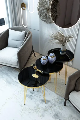 Miniatura 2 de Juego de 3 mesas auxiliares anidables con patas de color negro y dorado de alto brillo, mesa auxiliar apilable de madera con patas de metal