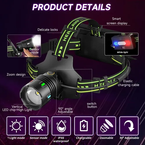 Miniatura 6 de Linterna frontal recargable LED súper brillante de 1200 lúmenes, lámpara frontal con 9 modos de iluminación, ajustable a 90° e impermeable IP67