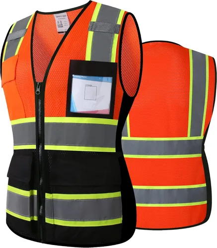 Miniatura 10 de Chaleco de seguridad reflectante de alta visibilidad para hombres y mujeres con bolsillos y cremallera frontal, cumple con los estándares ANSI/ISEA
