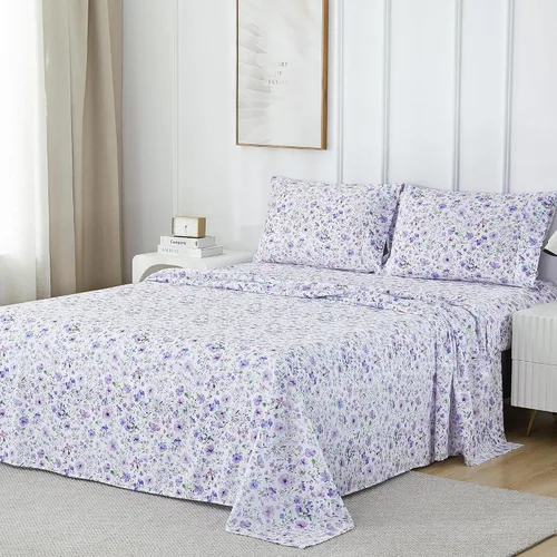 Miniatura 86 de Viviland Juego de sábanas de 3 piezas con estampado botánico de mariposas y flores rosas y moradas, sábanas de microfibra suave y transpirable