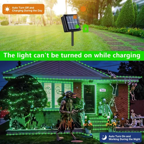 Miniatura 3 de QITONG Paquete de 2 luces solares verdes, cada cadena de 100 luces LED de 33 pies para exteriores, 8 modos de luces de hadas en tubo de PVC
