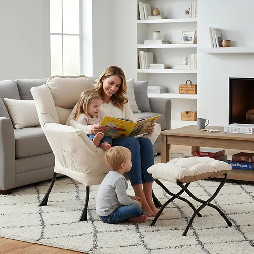 Miniatura 2 de Welnow Silla Lazy con otomana, moderna silla de lectura con reposabrazos y un bolsillo lateral, juego de sofá perezoso tapizado de ocio con Beige