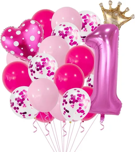 25 globos rosados de números rosados, globos de papel de aluminio con corona de corazón, globos de papel de aluminio, suministros de decoración de