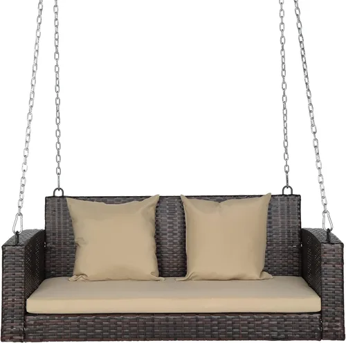 Miniatura 13 de Outvita Banco colgante de porche para 2 personas, banco de mimbre para exteriores con cojín y almohada para patio, jardín, soporta hasta 800 libras