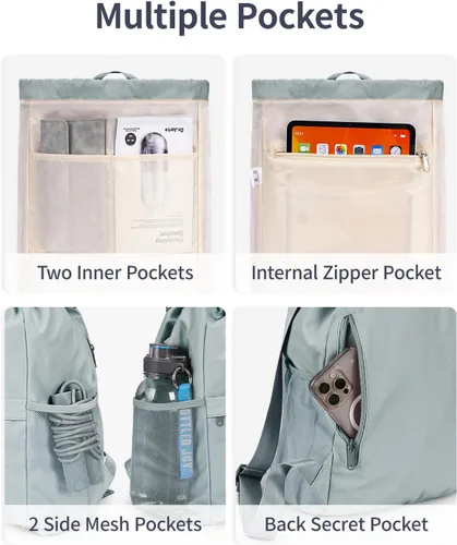 Miniatura 6 de WANDF Mochila con cordón para mujer, bolsa de gimnasio con correa para esterilla de yoga, resistente al agua, con bolsillo de malla, Gris