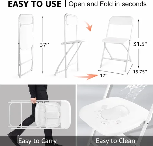 Miniatura 3 de Paquete de 4 sillas plegables blancas, silla plegable comercial apilable portátil, silla plegable de plástico para interiores y exteriores