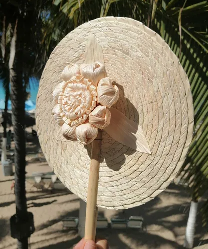 Miniatura 9 de Jacq & Jürgen - Paquete de 4 abanicos de mano de palma de color natural de 13 ″ - Abanicos de mano de boda para invitados, abanicos florales