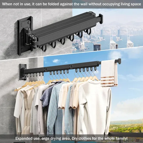 Miniatura 6 de Estante de secado de ropa montado en la pared, estante de secado de ropa plegable, estante de secado plegable retráctil para colgar ropa, anillos