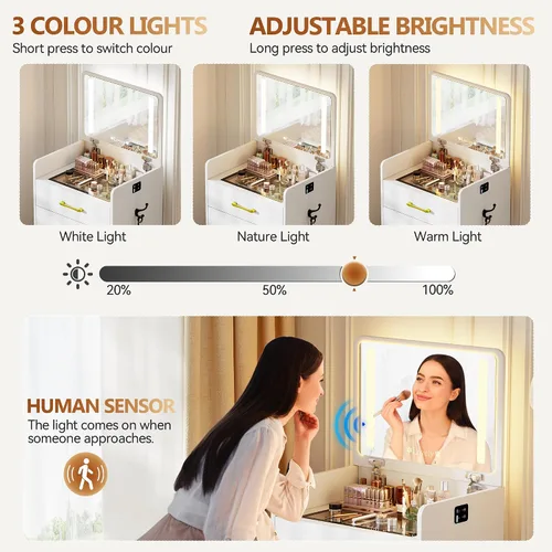 Miniatura 5 de Escritorio de tocador 3 en 1 con espejo abatible y luces, mesa de tocador de maquillaje con parte superior de vidrio con estación de carga, tocador