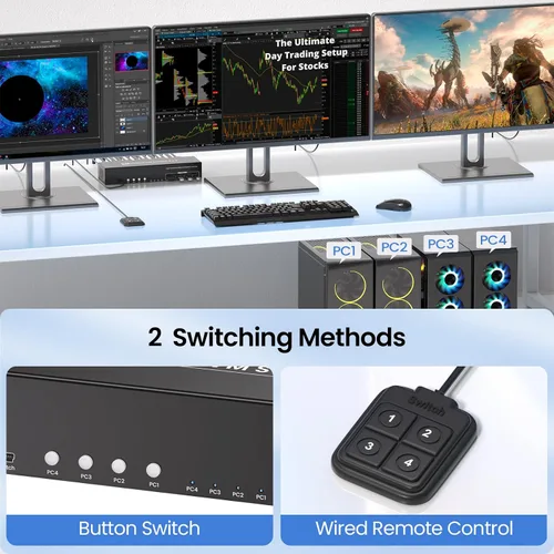 Miniatura 2 de Conmutador KVM HDMI de tres monitores USB 3.0, 4K60Hz 4 puertos HDMI KVM Switch 3 Monitores 4 Computadoras, 4 PC Share 1 Juego de teclado, ratón, 3