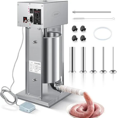 Miniatura 9 de LEEVOT - Embutidor manual de 7LBS/3L, kit profesional de acero inoxidable para hacer y rellenar salchichas con 2 velocidades, 5 tubos de relleno