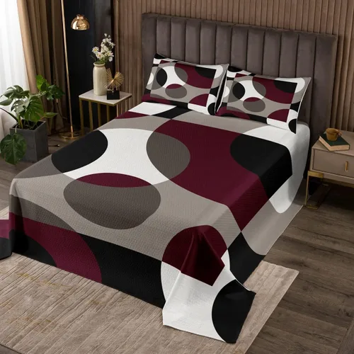 Miniatura 4 de Erosebridal Juego de colcha geométrica roja acolchada de círculo, diseño de líneas de remolinos abstractos, diseño retro, con ojales, geométrico