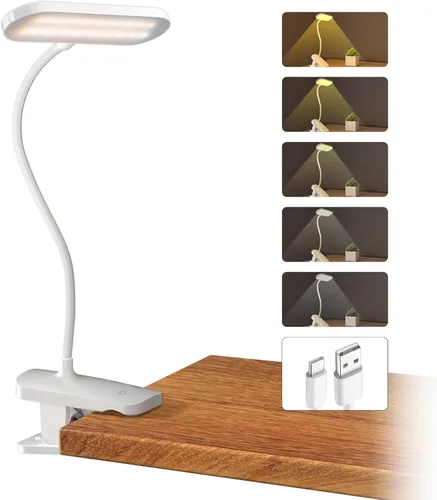 CUHIOY Lámpara de escritorio con abrazadera, luz de lectura recargable inalámbrica portátil, con clip, luz LED para litera, 5 colores y 5 brillo,