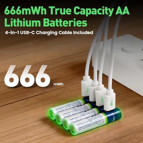 Miniatura 2 de Paquete de 4 baterías de litio AAA recargables USB-C, capacidad real de 666 mWh, voltaje constante de 1.5 V, más de 1200 ciclos, para control