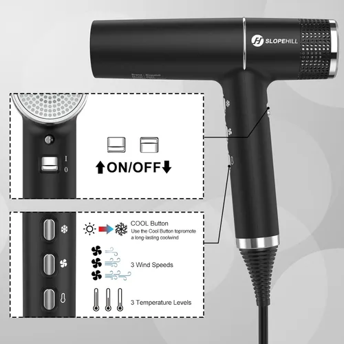 Miniatura 4 de slopehill Secador de pelo con motor sin escobillas único Diagnóstico inteligente de fallos Microfiltro innovador Tecnología Oxy Active Negro