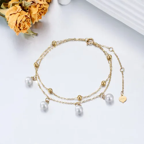 Miniatura 3 de Pulsera de oro macizo de 14 quilates para mujer, pulsera de perlas cultivadas de agua dulce de oro amarillo con doble cadena de regalo para ella