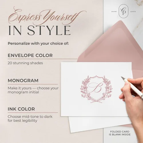 Miniatura 3 de Papelería plegada con cresta personalizada, tarjetas iniciales personalizadas para pareja con sobres, elegantes tarjetas de notas plegadas
