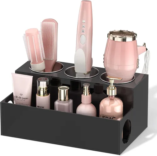NIUBEE Organizador de herramientas para el cabello, secadora de pelo acrílico negro y organizador de peinado, soporte para secadora de baño, soporte